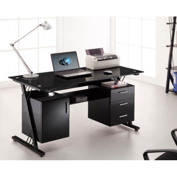 Secretária para Computador - Metal + Vidro + Gavetas 150x70x76 cm - Preta